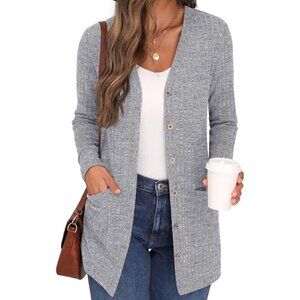 🆕Grecerelle Womens Gray Open Front Button Down Ribbed Knit Lightweight Sweaters